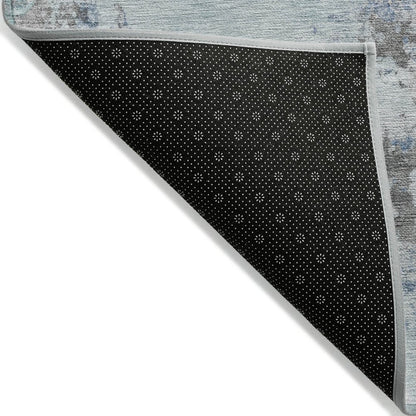 9' X 12' Turquoise Denim Blue And Gray Abstract Washable Indoor Outdoor Area Rug