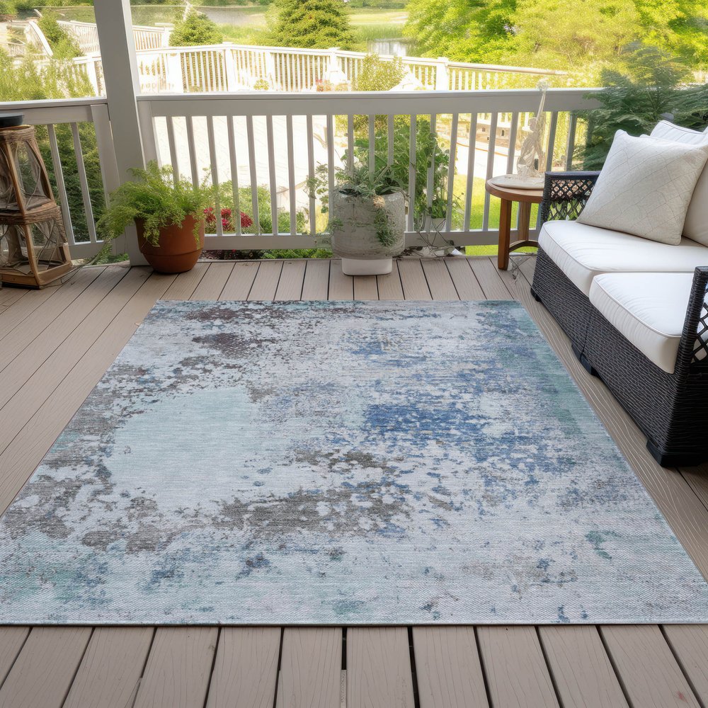 9' X 12' Turquoise Denim Blue And Gray Abstract Washable Indoor Outdoor Area Rug