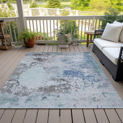 9' X 12' Turquoise Denim Blue And Gray Abstract Washable Indoor Outdoor Area Rug
