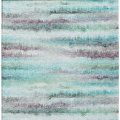 9' X 12' Teal Blue Plum And Ivory Striped Washable Indoor Outdoor Area Rug