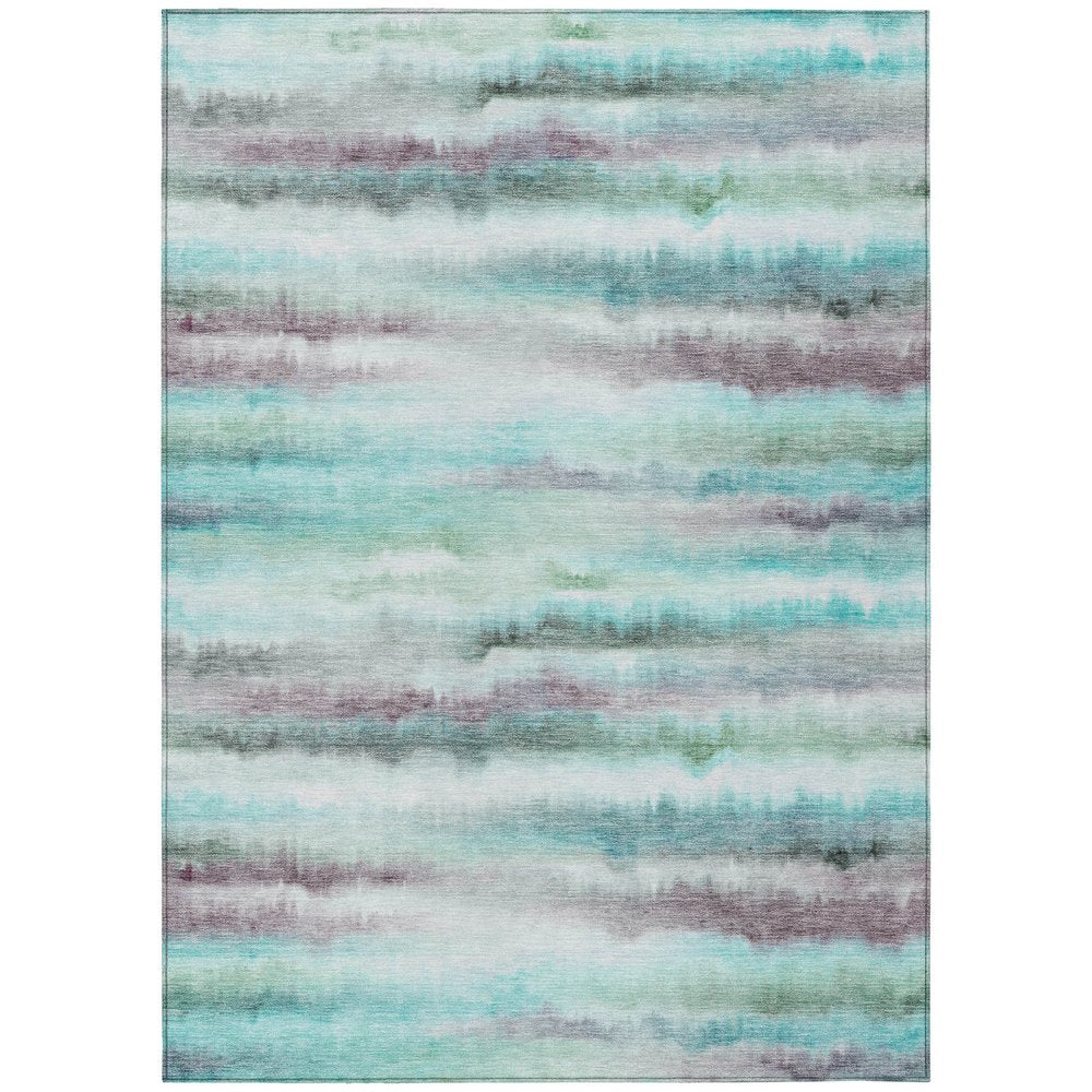 9' X 12' Teal Blue Plum And Ivory Striped Washable Indoor Outdoor Area Rug