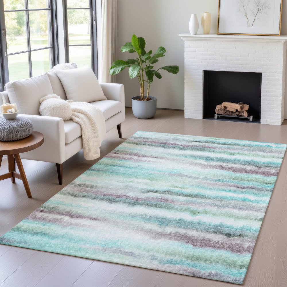 9' X 12' Teal Blue Plum And Ivory Striped Washable Indoor Outdoor Area Rug