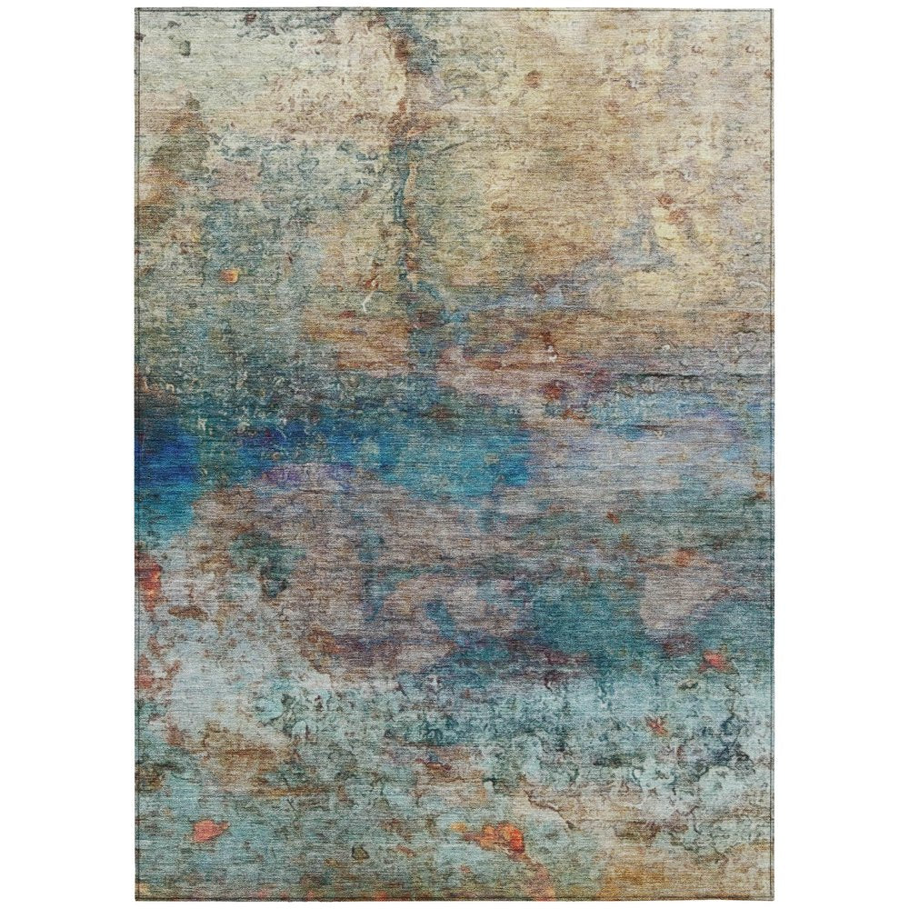 9' X 12' Teal Blue Orange And Beige Abstract Washable Indoor Outdoor Area Rug