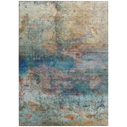 9' X 12' Teal Blue Orange And Beige Abstract Washable Indoor Outdoor Area Rug