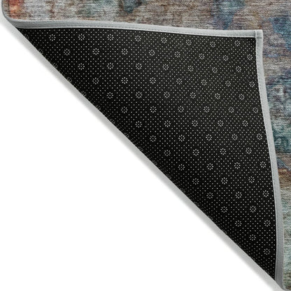 9' X 12' Teal Blue Orange And Beige Abstract Washable Indoor Outdoor Area Rug
