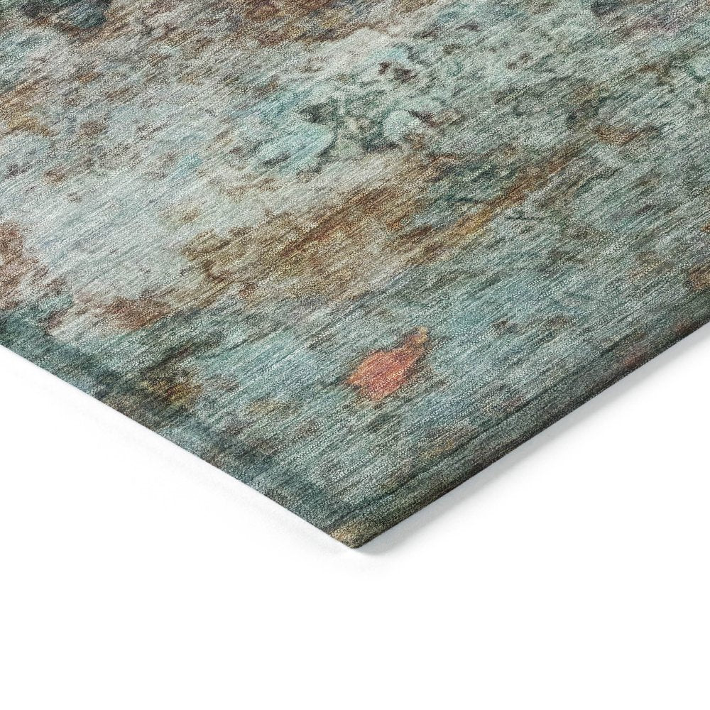 9' X 12' Teal Blue Orange And Beige Abstract Washable Indoor Outdoor Area Rug