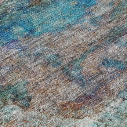 9' X 12' Teal Blue Orange And Beige Abstract Washable Indoor Outdoor Area Rug
