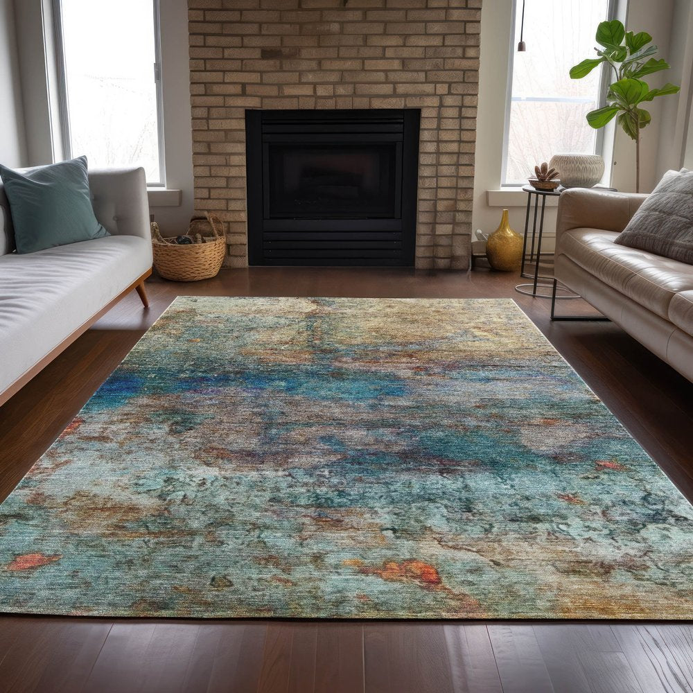 9' X 12' Teal Blue Orange And Beige Abstract Washable Indoor Outdoor Area Rug