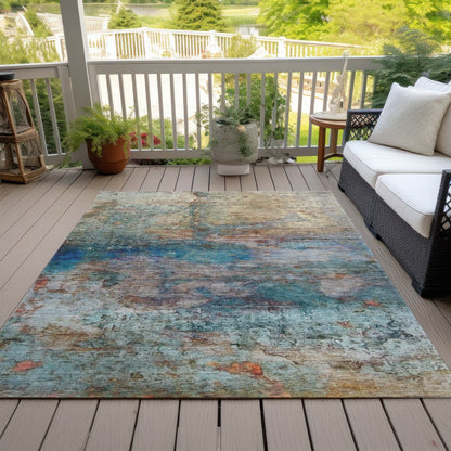 9' X 12' Teal Blue Orange And Beige Abstract Washable Indoor Outdoor Area Rug
