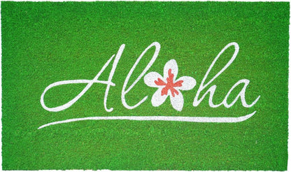 17" X 29" Green And White Aloha Outdoor Coir Door Mat