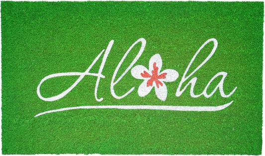 17" X 29" Green And White Aloha Outdoor Coir Door Mat
