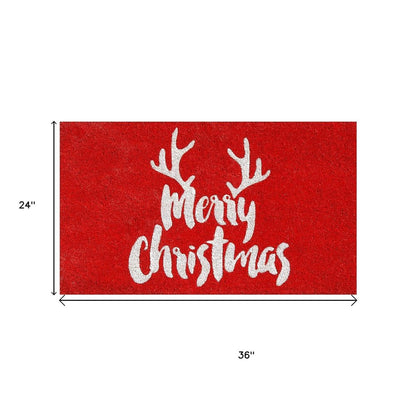 24" X 36" Red And White Coir Reindeer Outdoor Christmas Door Mat