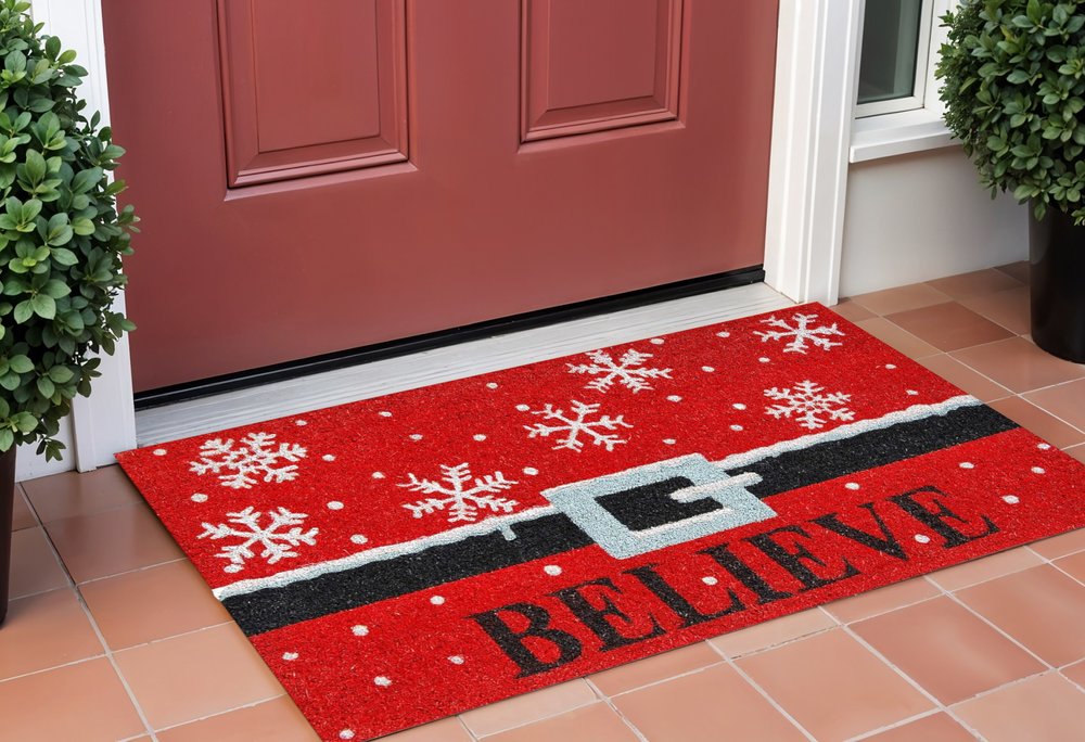 24" X 36" Red And Black Coir Snowflake Outdoor Christmas Door Mat