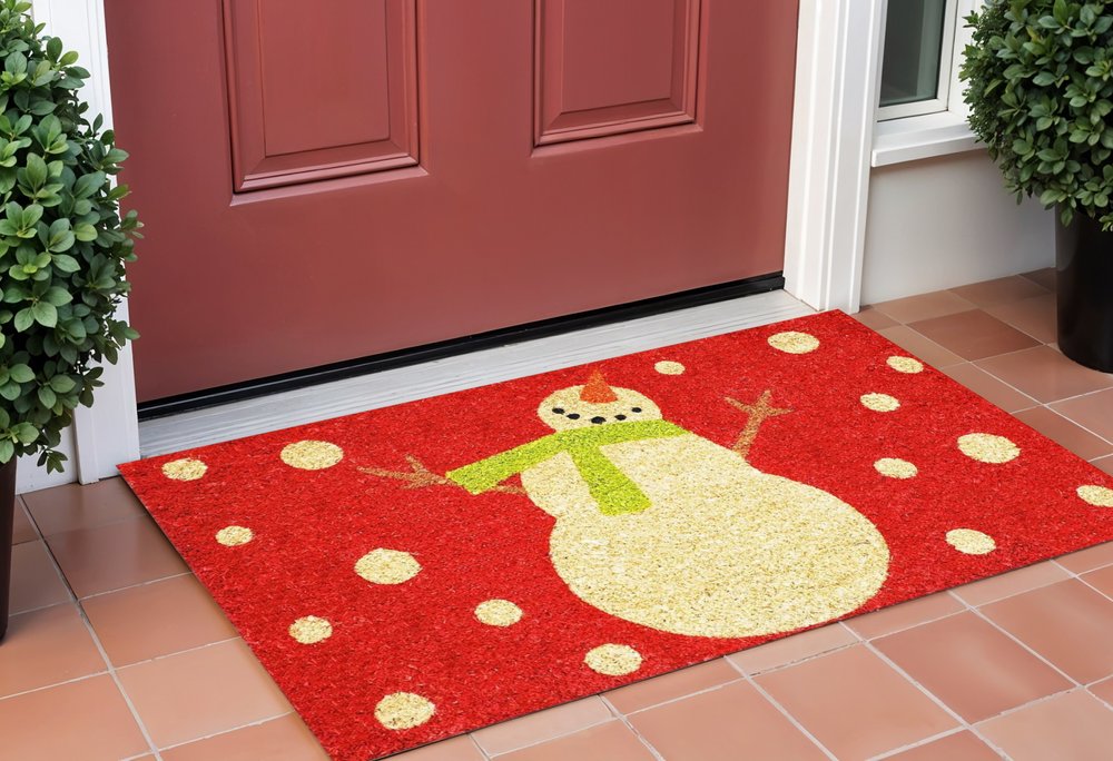 24" X 36" Red And White Coir Snowman Outdoor Christmas Door Mat