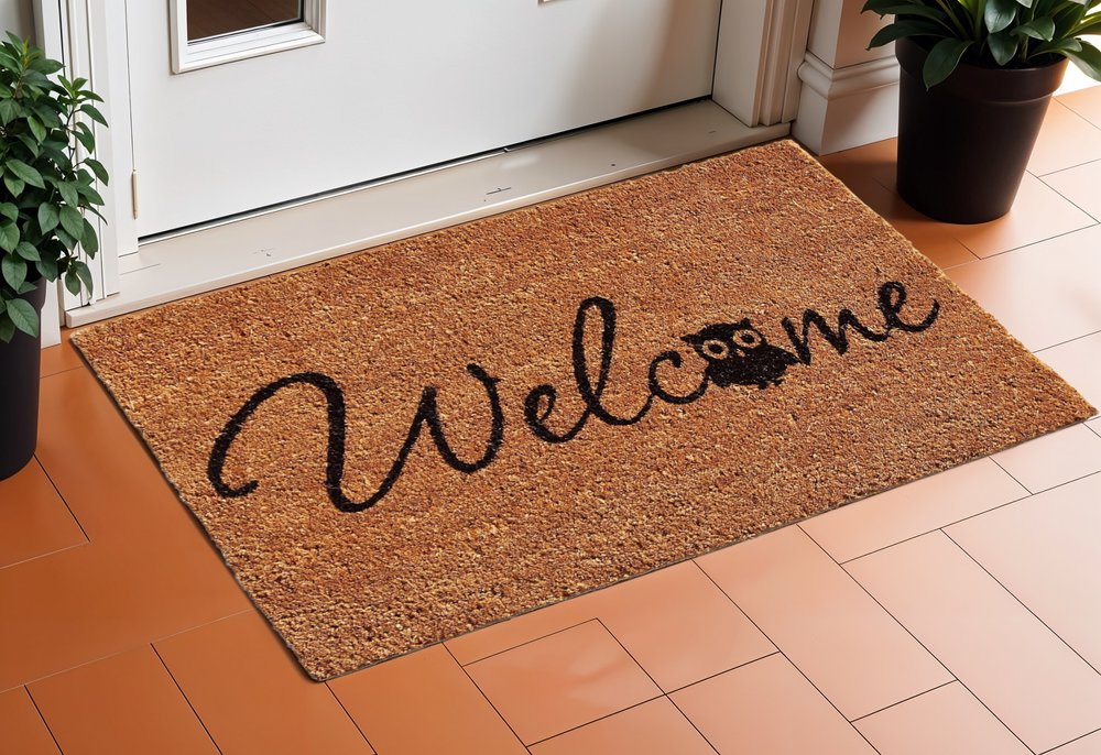 24" X 36" Natural And Black Owl Welcome Outdoor Coir Door Mat