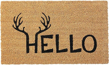 24" X 36" Natural And Black Hello With Antlers Outdoor Coir Door Mat