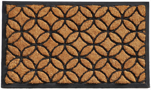 24" X 36" Black And Natural Geometric Outdoor Coir And Rubber Door Mat