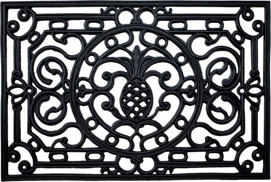 24" X 36" Black Pineapple And Scrollwork Outdoor Rubber Door Mat