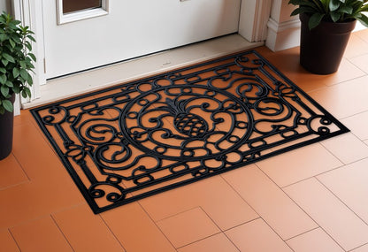 24" X 36" Black Pineapple And Scrollwork Outdoor Rubber Door Mat