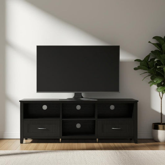 70" Black Wood Enclosed and Open Storage TV Stand