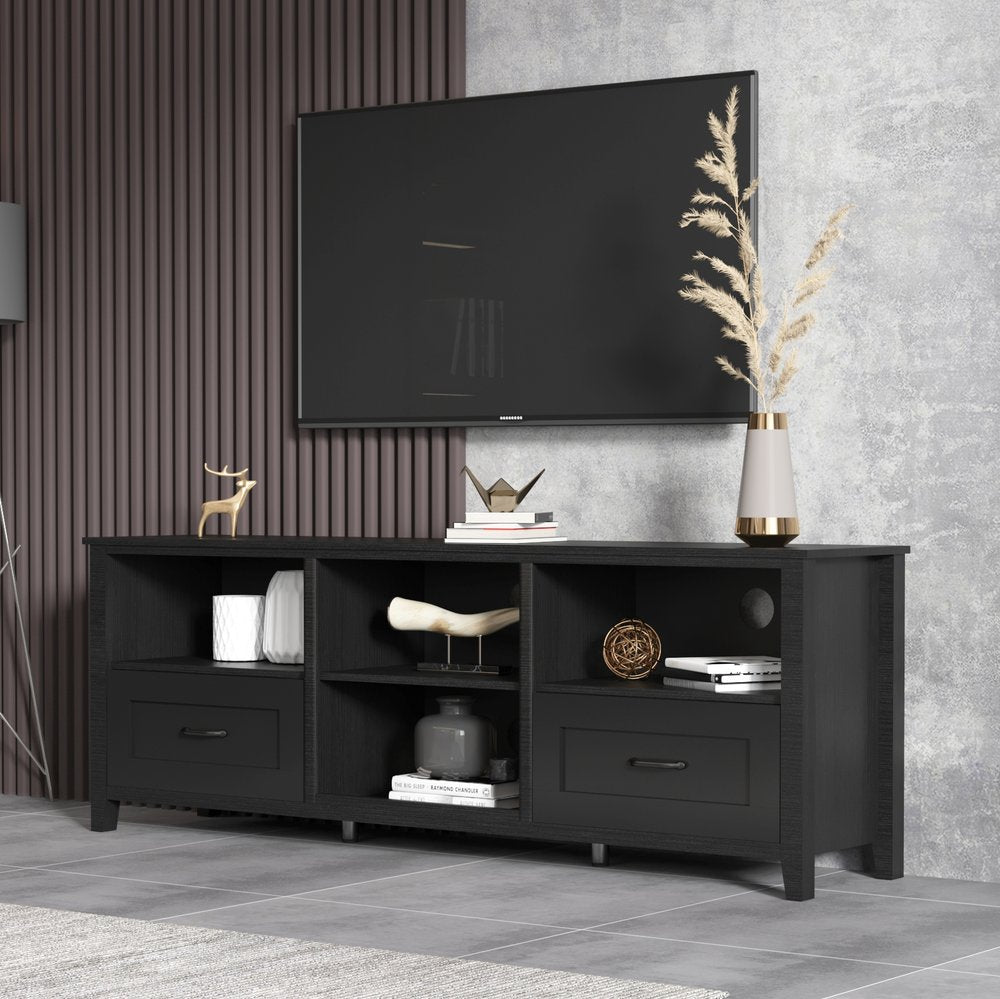 70" Black Wood Enclosed and Open Storage TV Stand