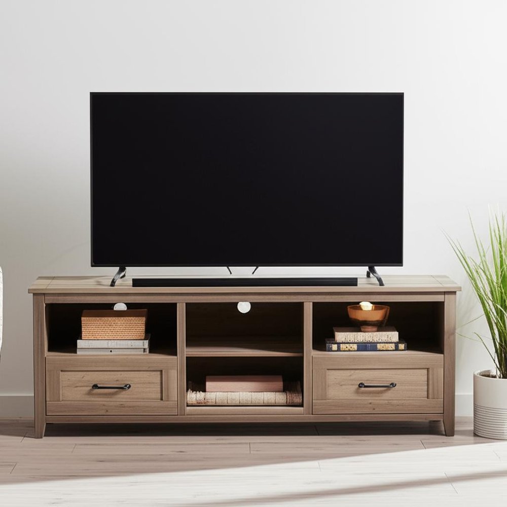 70" Gray Wood Enclosed and Open Storage TV Stand