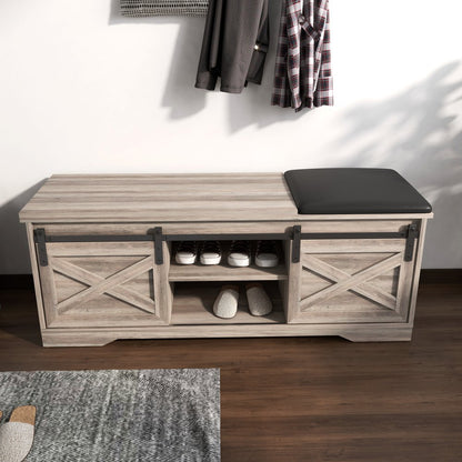 47" Gray And Black Wood And Faux Leather Storage Bench with Shelves