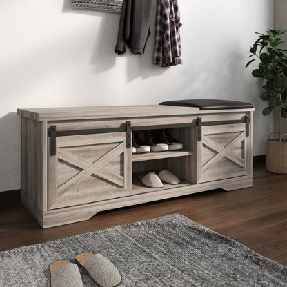 47" Gray And Black Wood And Faux Leather Storage Bench with Shelves