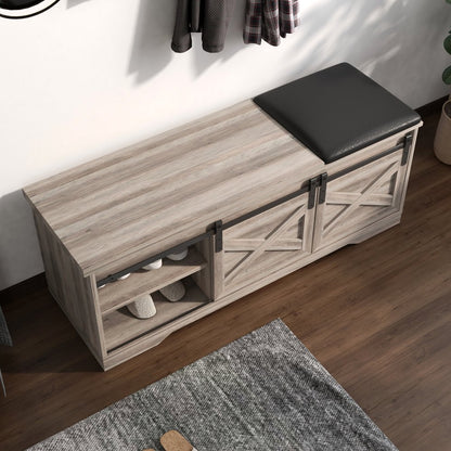 47" Gray And Black Wood And Faux Leather Storage Bench with Shelves