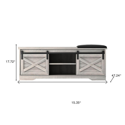 47" Gray And Black Wood And Faux Leather Storage Bench with Shelves