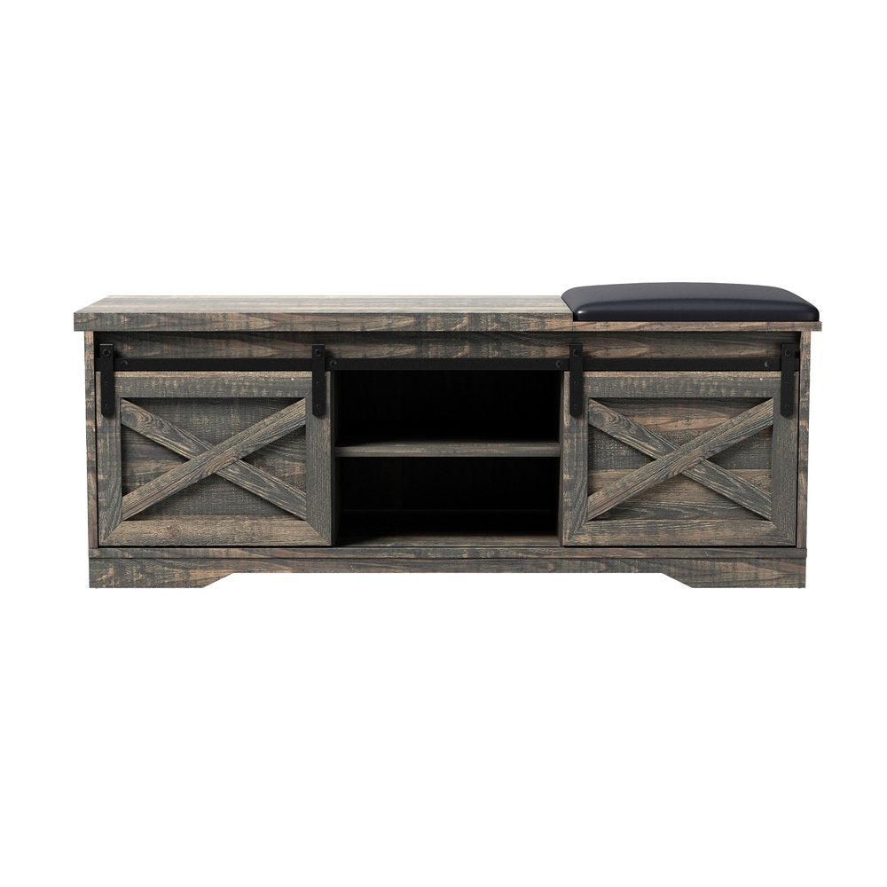 47" Black and Dark Brown Faux Leather and Wood Bench with Shoe Storage And Shelves