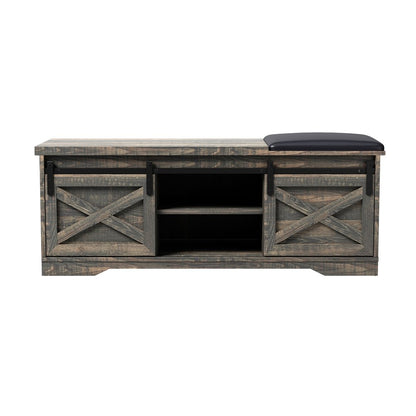 47" Black and Dark Brown Faux Leather and Wood Bench with Shoe Storage And Shelves