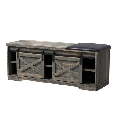 47" Black and Dark Brown Faux Leather and Wood Bench with Shoe Storage And Shelves