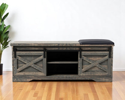 47" Black and Dark Brown Faux Leather and Wood Bench with Shoe Storage And Shelves