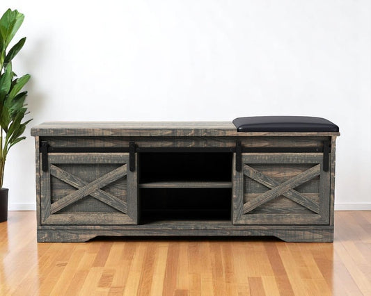 47" Black and Dark Brown Faux Leather and Wood Bench with Shoe Storage And Shelves