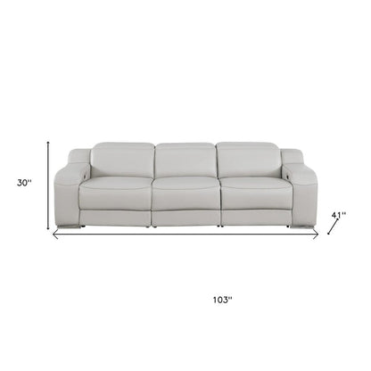 103" Light Gray Italian Leather Reclining USB Sofa