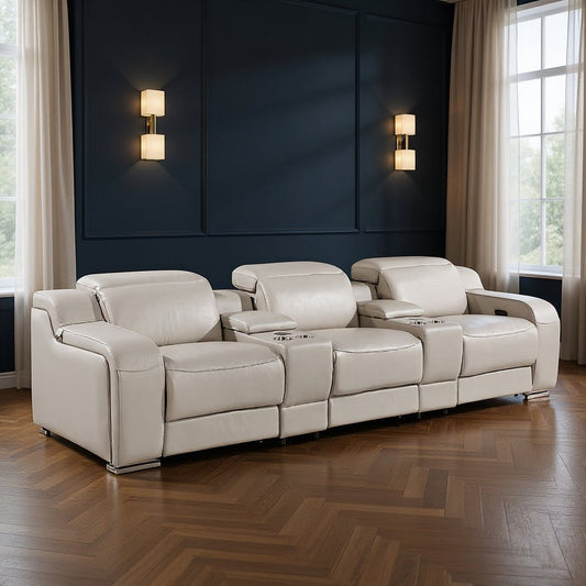 129" Light Gray Italian Leather Reclining USB Sofa