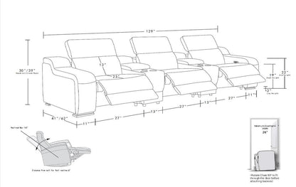 129" Light Gray Italian Leather Reclining USB Sofa
