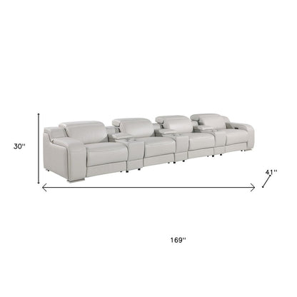 169" Light Gray Italian Leather Reclining USB Sofa