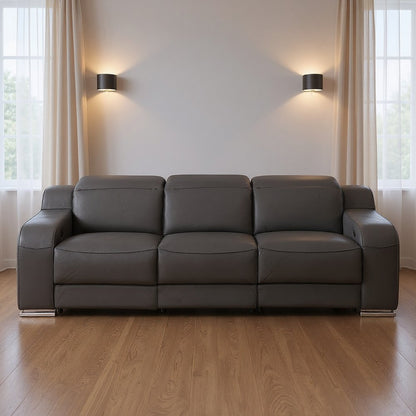 103" Light Gray Italian Leather Reclining USB Sofa
