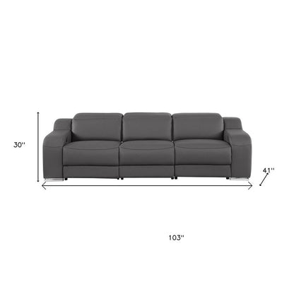 103" Light Gray Italian Leather Reclining USB Sofa
