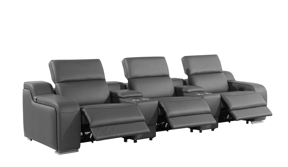 129" Light Gray Italian Leather Reclining USB Sofa