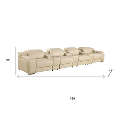 169" Light Gray Italian Leather Reclining USB Sofa