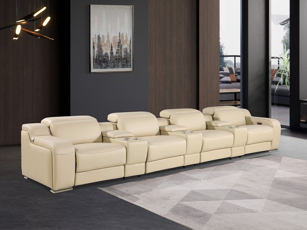 169" Light Gray Italian Leather Reclining USB Sofa