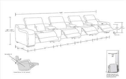 169" Light Gray Italian Leather Reclining USB Sofa