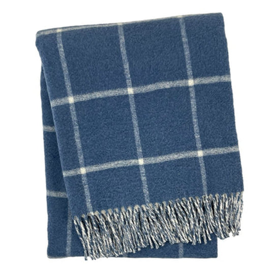 50" X 67" Denim Blue And White Cotton Blend Woven Plaid Throw Blanket with Fringe