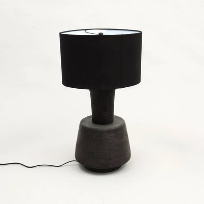 29" Distressed Black Solid Wood Urn Table Lamp With Black Drum Shade