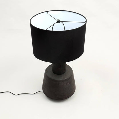 29" Distressed Black Solid Wood Urn Table Lamp With Black Drum Shade