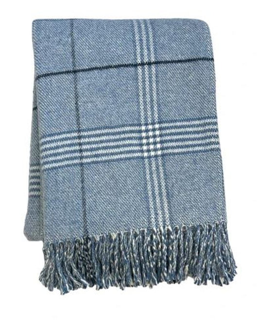 50" X 67" Denim Blue And White Cotton Blend Woven Plaid Throw Blanket with Fringe