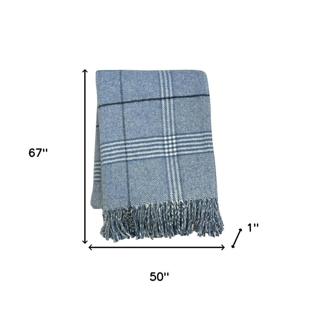 50" X 67" Denim Blue And White Cotton Blend Woven Plaid Throw Blanket with Fringe